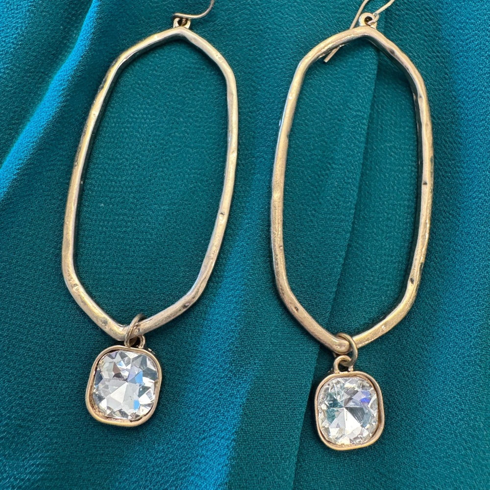 Gold Tome Hoop Drop Earrings with Clear Crystal Charms